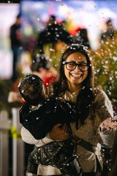 Snow falling on Eastlake guests